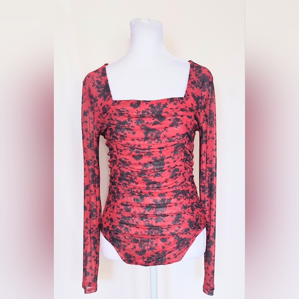 Open Edit Long Sleeve Sheer Ruched Thong Bodysuit Red Black Size Small